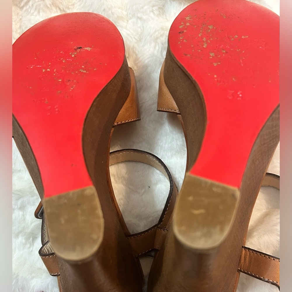 Authentic Christian Louboutin Leather Tan Wooden Wedge Sandals US size 6 - Picture 12 of 16